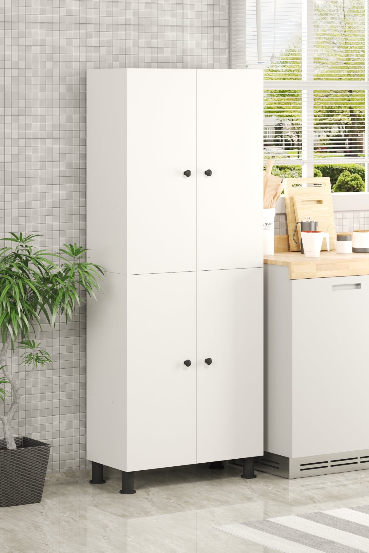 %100 Mdf 6 Raflı 4 Kapaklı Beyaz Çok Amaçlı Banyo/kiler/mutfak Dolabı 70 Cm En