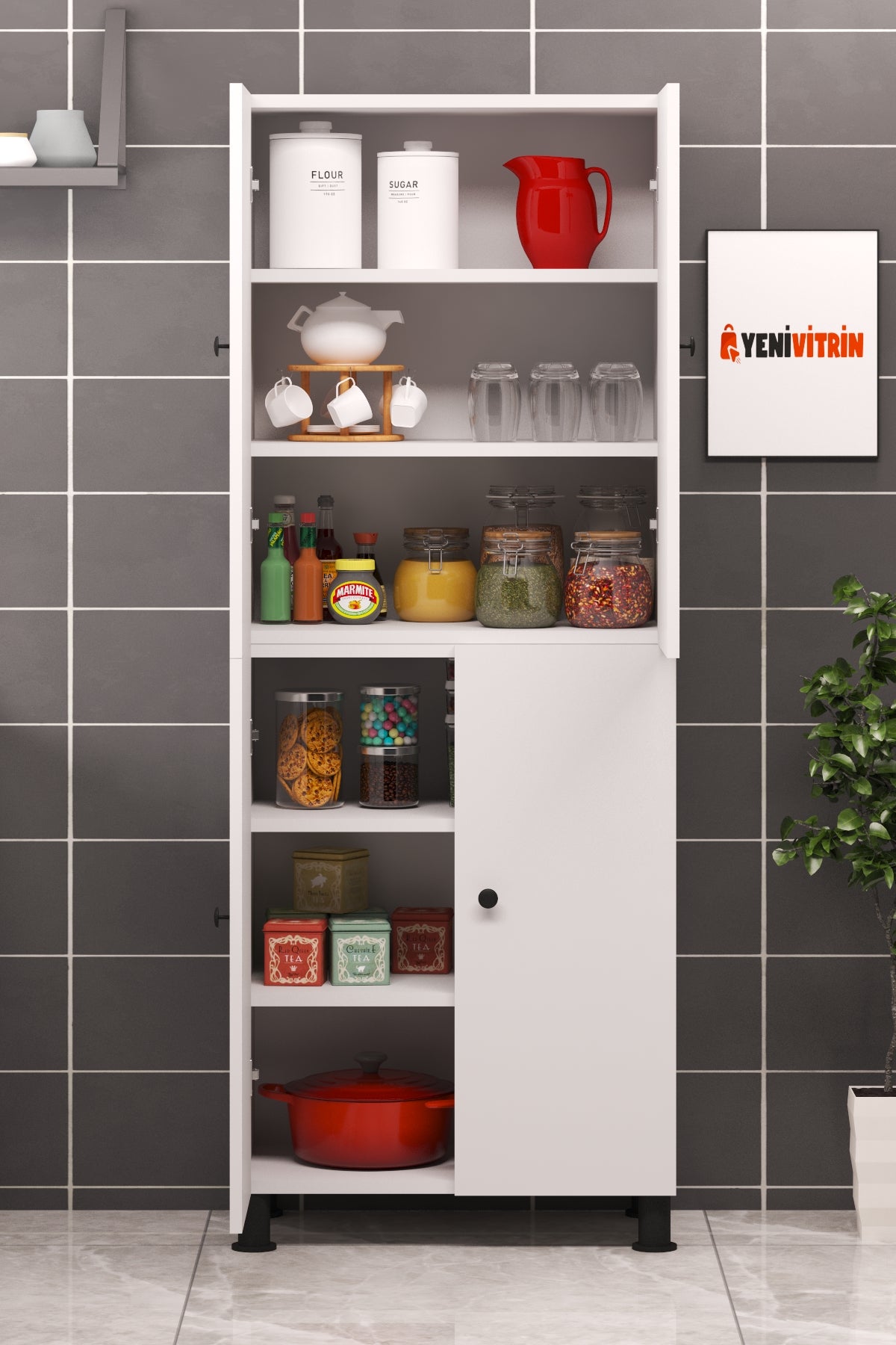 180 cm 4 Kapaklı Beyaz Çok Amaçlı Kiler Banyo Dolabı 68 cm En